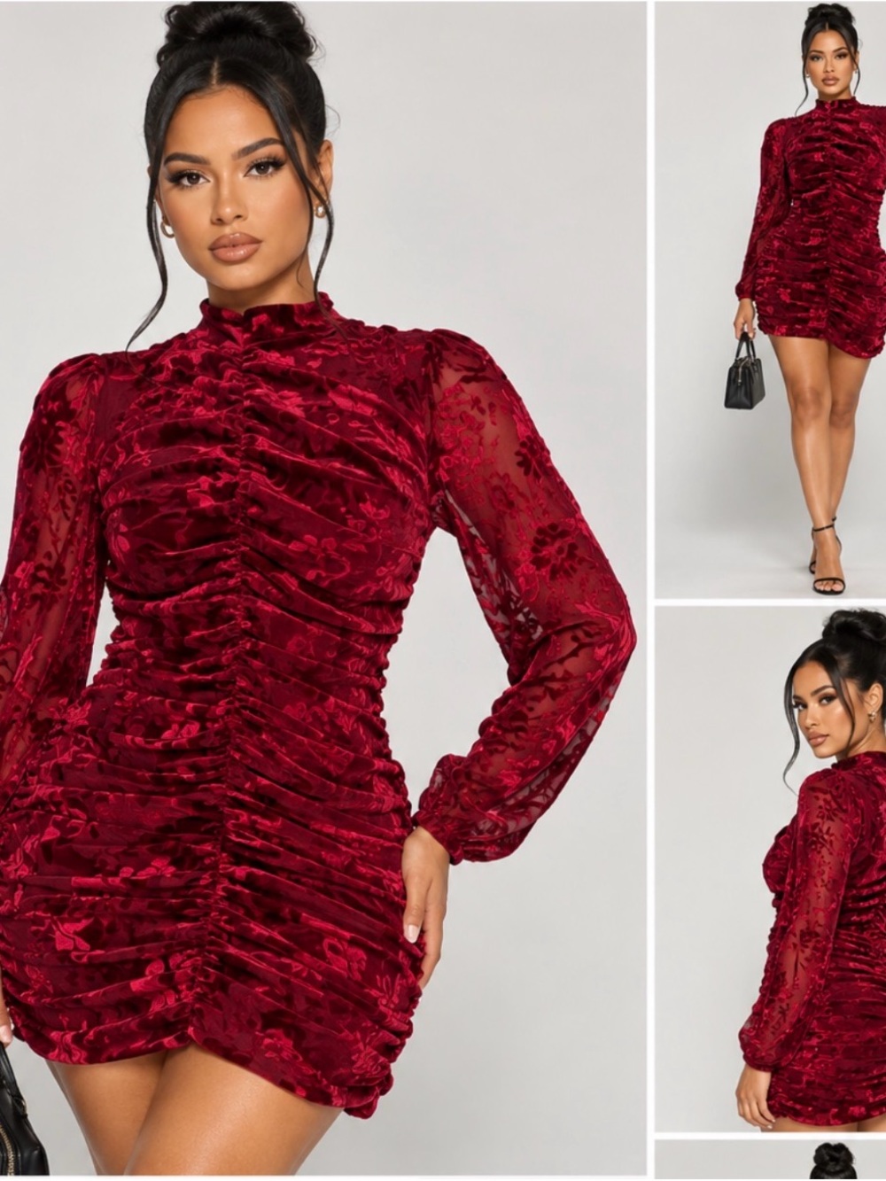 Fashion Nova Burgundy Ruched Velvet Mini Dress